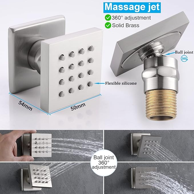 Enga Shower System with Body Jets 12 Inch Ceiling Mounted Rain Shower and Handheld Sprays Brass Full Body Massage Spa Jets Contain Rough-in Shower Valve, Brushed Nickel