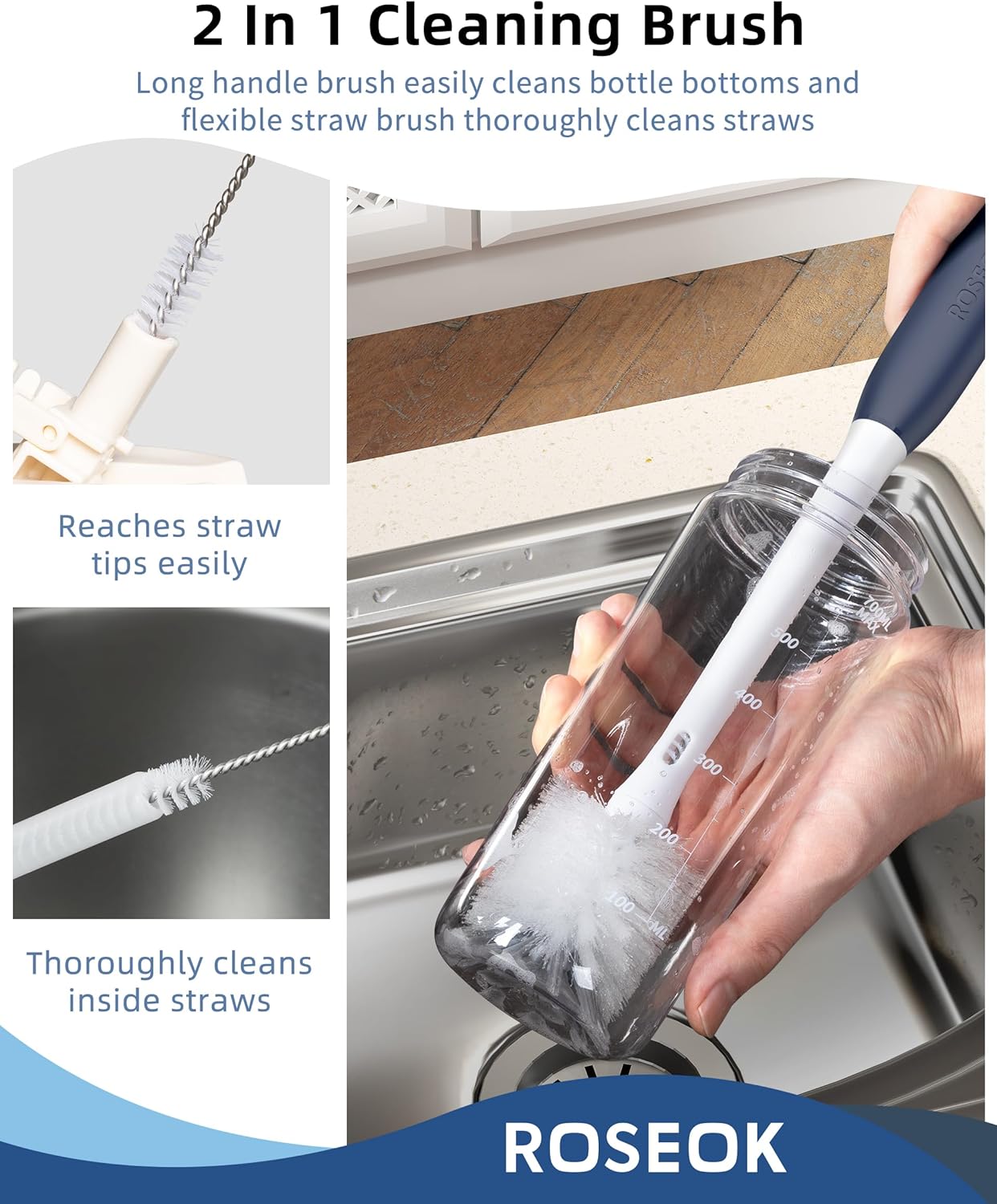 2 in 1 Long Handle Bottle Brush with Straw Brush for Cleaning Glass, Sports Bottle, Coffee Mug,Navy Blue,1 Pack