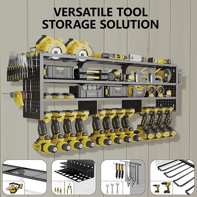 49" W Large Power Tool Organizer Wall Mount, 4 Layer Heavy Duty Metal Tool Storage Rack with 12 Drills Holder, Utility Racks for Garage Workshop, Ideal Garage Organization