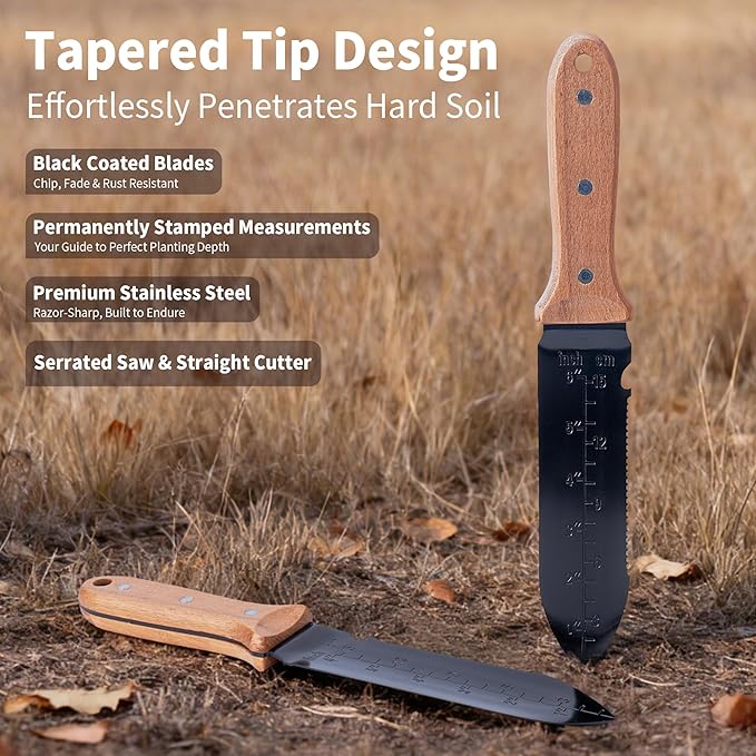 WILLKOMMEN Hori Hori Garden Knife- Garden Tools with Rugged Oxford Cloth Sheath, 7" Stainless Steel Blade for Digging, Weeding & Planting Full Tang Beechwood Handle (Pointed Tip)