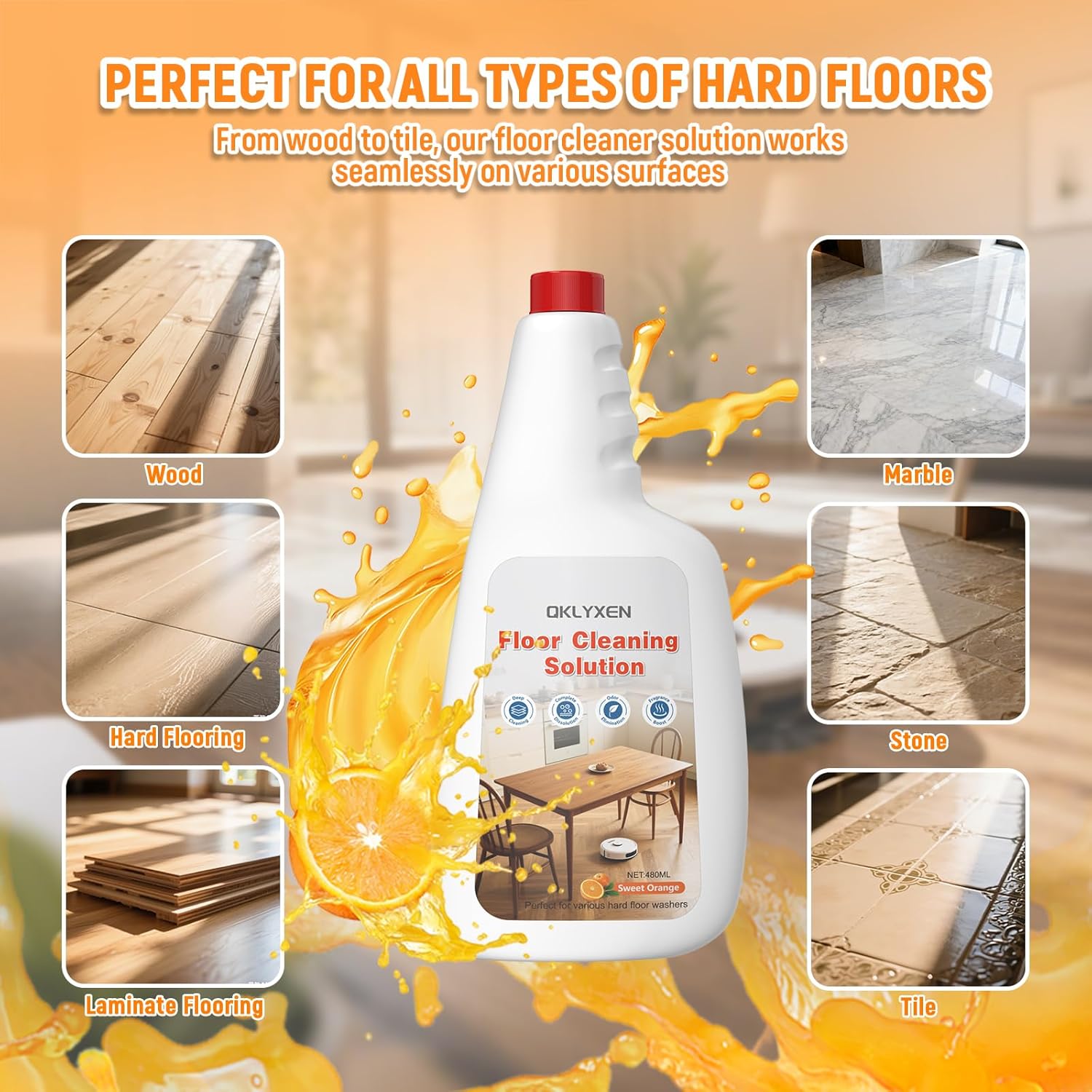 Floor Cleaning Solution Compatible With Roborock Robot Vacuum and Mop Cleaner (Qrevo/Q7/Q10/Saros 10R), Deep Clean For Multiple Hard Floor, Suitable for All Robot Vacuum With Mopping (Orange 2 Bottle)