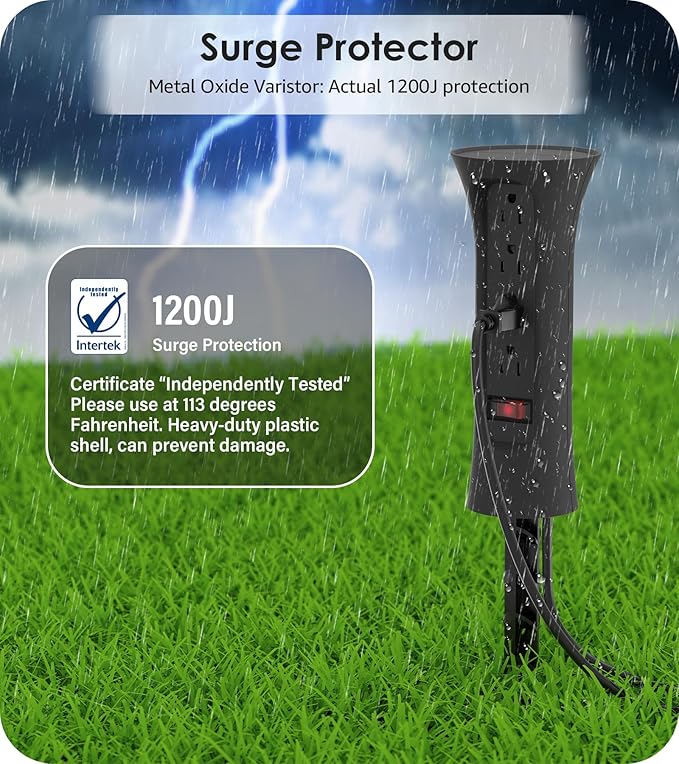 CCCEI Outdoor Power Strip Weatherproof with Stake, Waterproof Extension Cord with Multiple Outlets, Christmas Exterior Garden Decor, Yard, Camping, 4 Plugs, Surge Protector 10FT, Black.