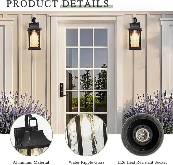 Outdoor Wall Light， 13" Sconce with Water Pattern Glass, Waterproof & Rustproof Exterior Lighting ，Weatherproof Front Porch Lights，for House Garage Doorway Patio (1 Pack, Black)