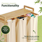 Laundry Hamper 3 Section beige - Large Bamboo Laundry Sorter with Removable Cotton Bags -Three Compartment Organizer for Clothes - Durable, Eco-Friendly, and Stylish Storage Solution for Home