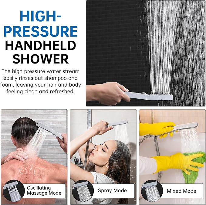 G-Promise All Metal 14 Inch Shower Head with Massage Mode Handheld, Rain Shower Head with Handheld Spray Combo, 3-Way Diverter with Pause Setting, 12 Inch Adjustable Extension Arm (Chrome)