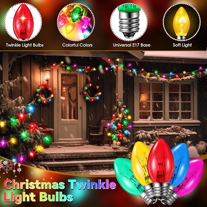 25 Pack Twinkle Christmas Replacement Bulbs, 7W Random Blinking Light Bulbs for Christmas String Light, Nightlights(Colorful,C9,E17 Intermediate Base)