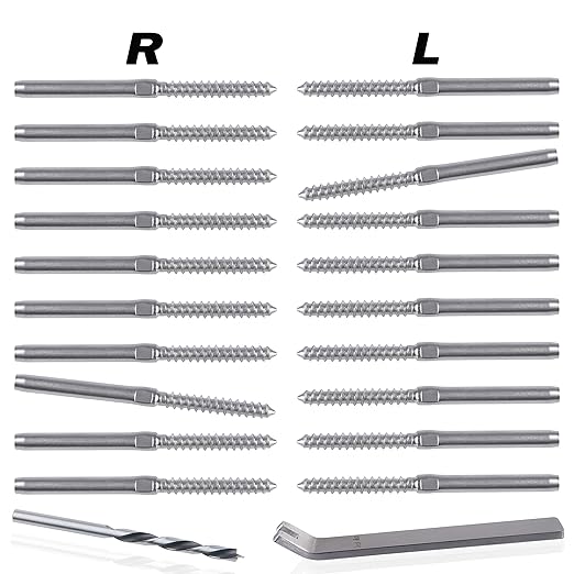 10 Pairs Left&Right Handed Thread Lag Screws for 1/8" Decking Cable Railing Kit/Hardware, Non-Turnbuckle System, Silver