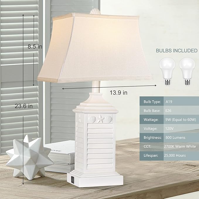 Table Lamps for Living Room Set of 2, Coastal White Bedside Lamps for Bedroom with USB A+C Outlet Modern Resin 3-Color Temperature Nightstand Lamp for End Table (Bulbs Included)