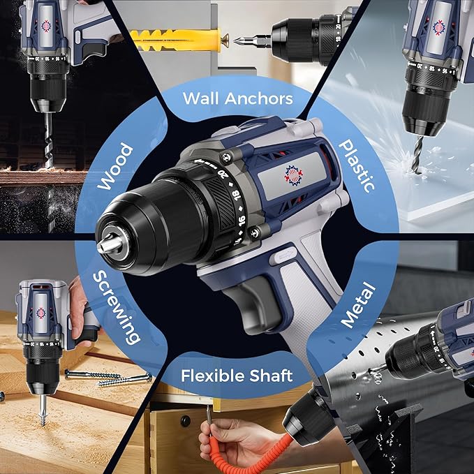 20V Cordless Drill, Power tool, 620 in-lbs Torque, 3/8" Metal Keyless Chuck with Safety Lock, 20+1 Position Electric Drill Driver with LED, Brushless Power Drill with 2.0Ah Battery and Charger