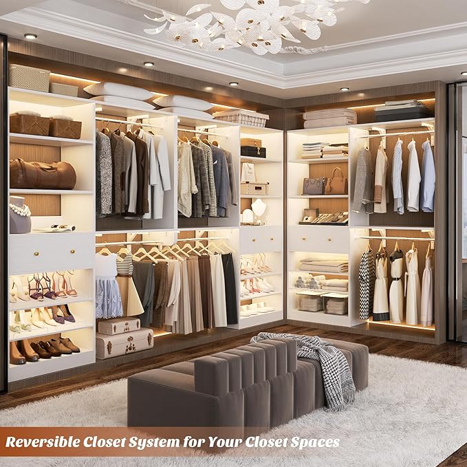 [10 FT Closet System] Reversible Set of 2 Wood Closet Organizer System with 2 Drawers, 4 Hanging Rods Adjustable Shelf, Walk In Closet Organizers with Shoe Rack, Garment Rack Clothes Rack, White