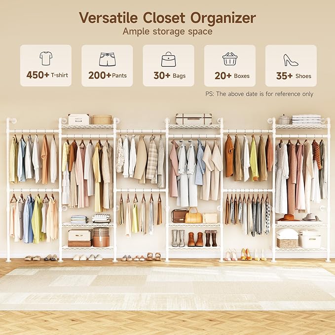 H6 Wall Mounted Closet System, Industrial Pipe Clothes Rack Clothing Racks with 6 Telescopic Rods & 3 Fixing Rods & 9 Shelves, Heavy Duty Closet Organizers and Storage in Wardrobe Closet (White)