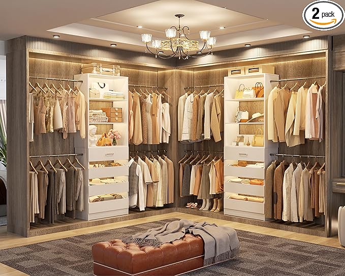 Aheaplus Closet System Set of 2, 4-9Ft Wood Closet Organizer with Drawers & Shelves, Closet Organizer System with 8 Hanging Rods, Walk-in Closets Organizer Wardrobe Closet Rack, White