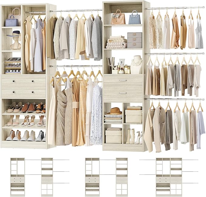 Closet System, Up to 128.6"/10.7 FT Closet Organizer with 4 Wooden Drawers and Shelves, Walk-in Closet System with 6 Hanging Rods, Built-in Closet Can Fit 96"/8FT, 120"/10FT, Greige Oak