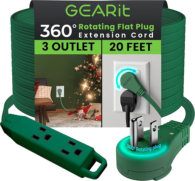 GEARit 360 Rotating Flat Plug Extension Cord with 3 Outlets (20ft, Green) 16AWG/13A 3 Prong Wire, Outlet Saver for Home Office Dorm Room Essentials, ETL Certified