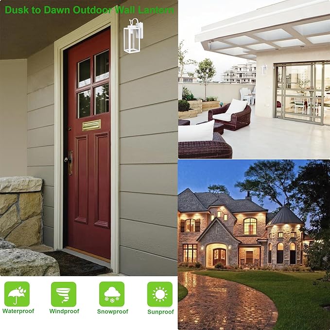 LIT-PaTH Dusk to Dawn Outdoor Wall Lantern, Wall Sconce as Porch Lighting Fixture, E26 Medium Base Max 60W, Anti-Rust Metal with Glass Shade, White, 1-Pack