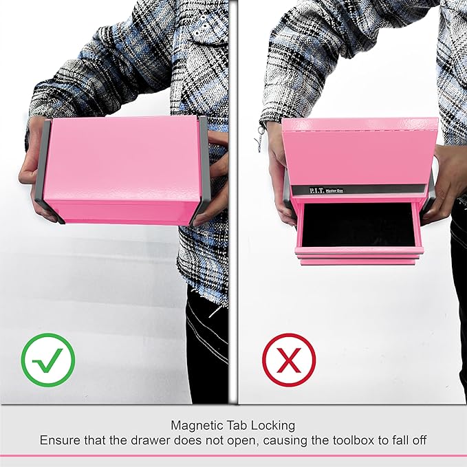 P.I.T. Mini Pink Tool Box, Portable 3 Drawer Steel Stackable Tool Box with Magnetic Tab Locking, Pink Micro Top Chest with Liner for Tools Storage and Organizers, Home DIY