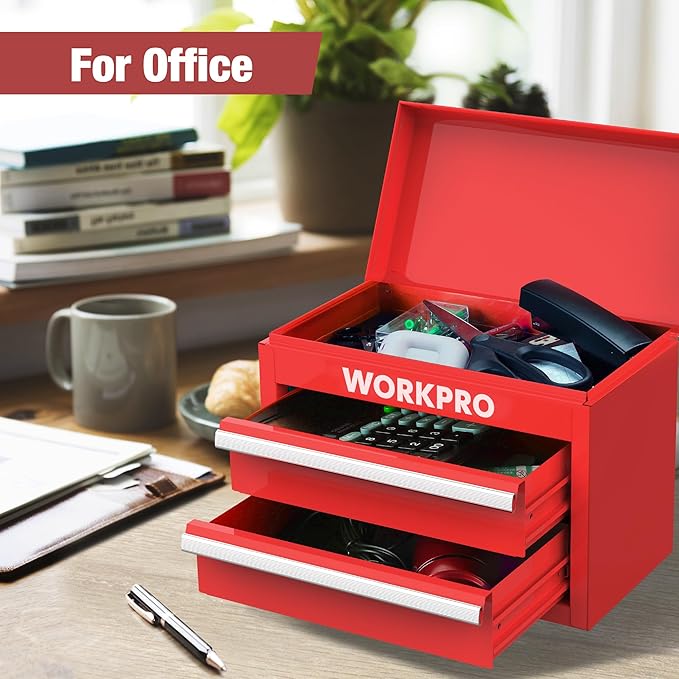 WORKPRO Mini Metal Tool Box with 2 Drawers and Top Storage, Small Tool Chest with PVC Liners and PP Feet Pads, Cold Rolled Steel Toolbox with Magnetic Tab