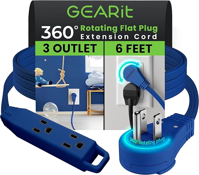 GEARit 360 Rotating Flat Plug Short Extension Cord with 3 Outlets (6ft, Navy) 16AWG/13A 3 Prong Wire, Outlet Saver for Home Office Dorm Room Essentials, ETL Certified
