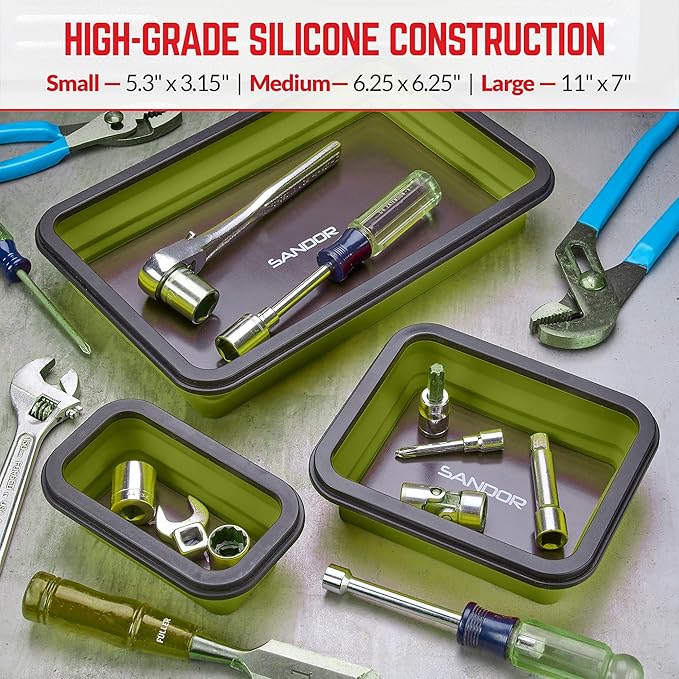Collapsible Magnetic Parts Tray Set - 3 Different Size Tool Trays for Screw, Bolts, Nuts, Washers, Pins and Other Small Metal Parts, Mechanic Tool Gifts for Men - Olive Green