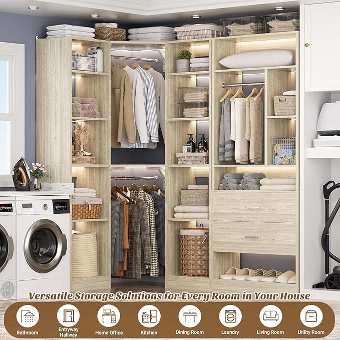 Corner Closet System with 2 Sets, 63.2" Corner Closet Organizer System with 2 Drawers + 18 Shelves + 3 Hanging Rods, Reversible L Shaped Walk-in Closets, White Oak (63.2" L x 39.2" W x 80" H)