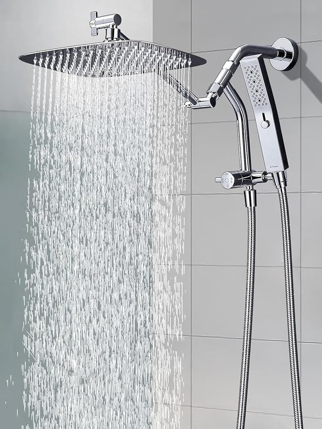 G-Promise All Metal 12 Inch Shower Head with Massage Mode Handheld, Rain Shower Head with Handheld Spray Combo, 3-Way Diverter with Pause Setting, 11 Inch Adjustable Extension Arm (Chrome)