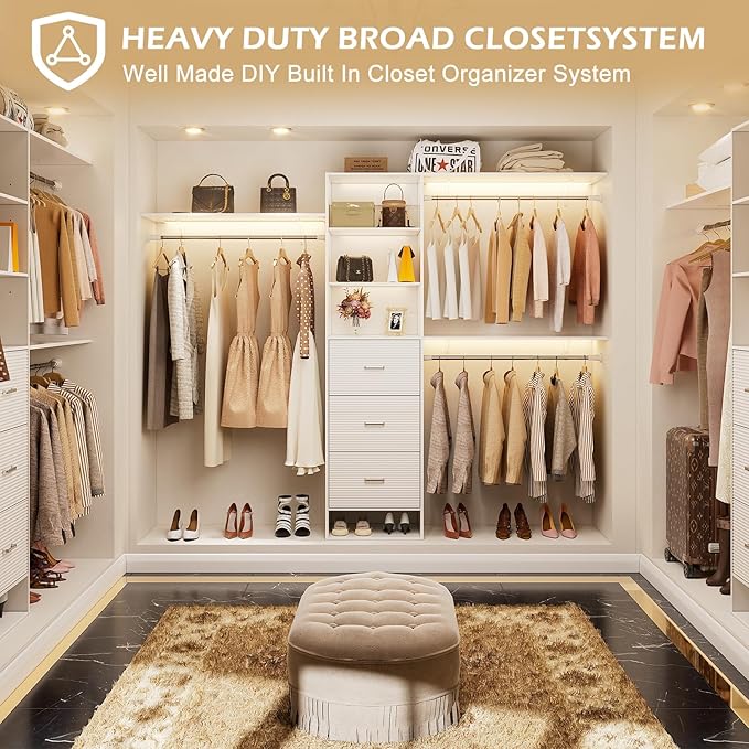 PAKASEPT 96 Inches Closet System with Drawers, 8FT Closet Organizer System with 3 Hanging Rods, Wall Mount Bedroom Wardrobe with 3 Drawers Walk-in Closet, Adjustable Cloth Garment Rack from 5 to 8FT