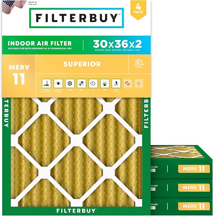 Filterbuy 30x36x2 Air Filter MERV 11 (MPR 1200) Allergen Defense Replacement (4-Pack), Electrostatic Pleated HVAC AC Furnace Filters, Made in USA (Actual Size: 29.81 x 35.81 x 1.75)