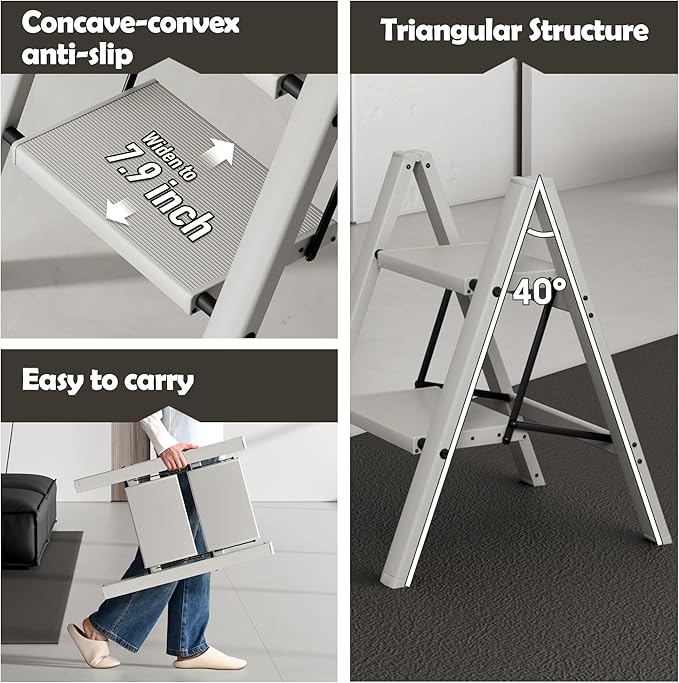 Taranta 2 Step Ladder,Aluminum Lightweight Folding 2 Step Stool with Anti-Slip Wide Pedal,330lbs Capacity Step Ladder for Household,Kitchen,Office - Misty Gray