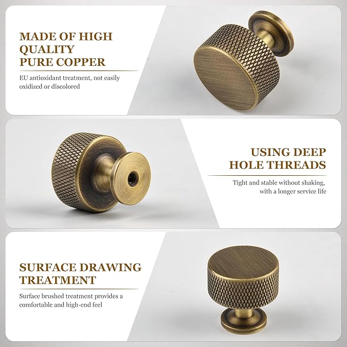Antique Brass Kitchen Cabinet Knobs 2 Pack, 1.1Inch Knurled Pulls for Dresser and Drawers, Furniture Hardware Handles for Cupboard Wardrobe Vanity Closet Door
