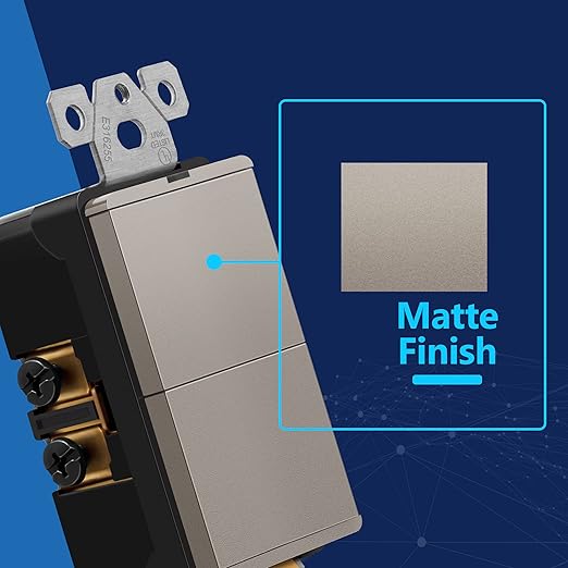LIDER Matte Finish Lighted Double Switch with Screwless Wall Plate, Combination Frameless Decorator Switch with Locator Light, Ground Terminal Single Pole, 15A 120V, UL Listed, Nickel, 2 Pack