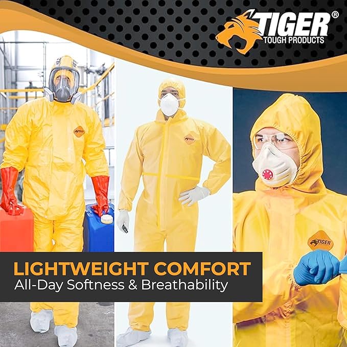 Tiger Tough Chemical Protection Coveralls, Yellow Disposable Hazmat Suit for Men & Women with Hood & Zipper