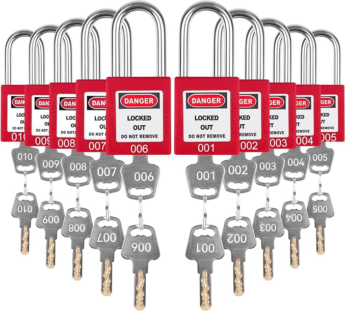 Red Lockout Locks Set - 10pcs, 2 Keys Per Lock, OSHA Compliant, Safety Padlocks for Electrical LOTO Kits