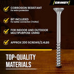 #10 x 2 1/2’’ Wood Screws by Grindy (200pack/2.4LBS) – Self-Drilling Deck Screws I Rust Resistant I Quick Drive & Fast Grip I for Cabinet, Furniture & Other Projects I T25 Star Drive I Bit Included