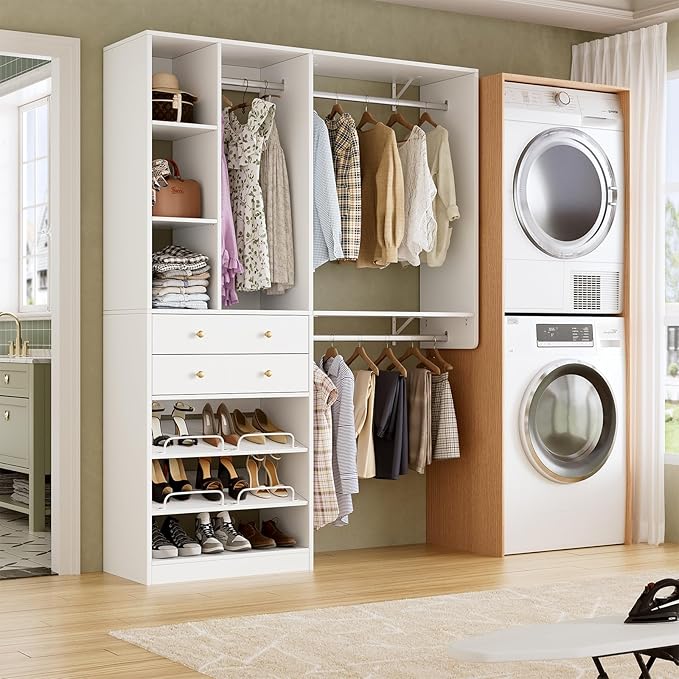 5FT Closet System with Drawers, 96 Inches Walk In Closet Organizer System with Shoe Rack, 3 Hanging Rods, Wall Mount Bedroom Wardrobe Clothes Garment Rack