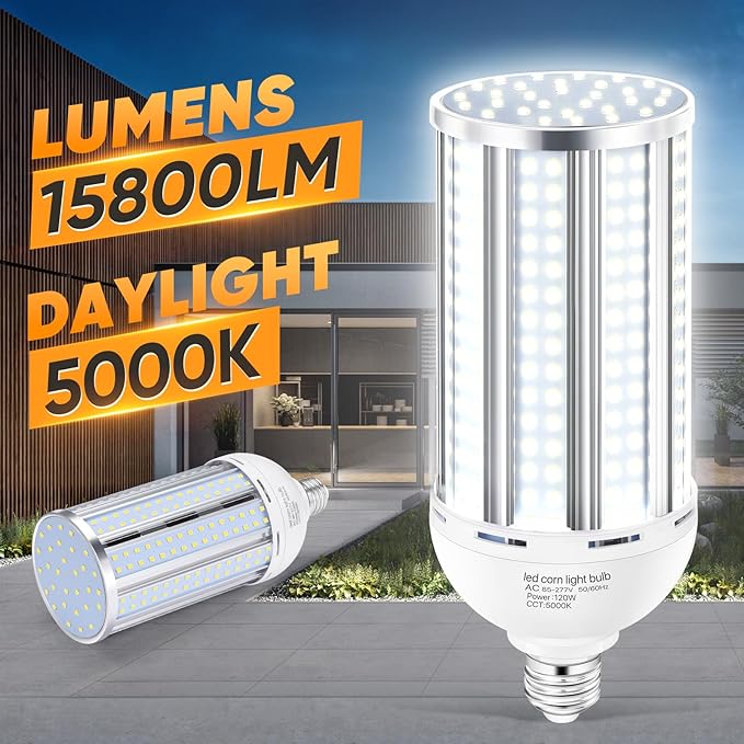 3 Pack 120W Corn LED Light Bulb Fanless,5000K Daylight(1200 Watt Equivalent) E26/E39 Large Mogul Base LED Cob Lamp 15,800LM for Outdoor Indoor Garage Warehouse Factory Workshop Street Backyard