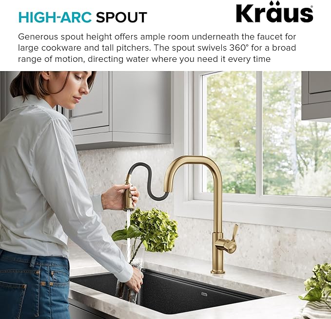 KRAUS Torak Pull Down Kitchen Faucet in Spot-Free Brushed Brass with 2 Function Sprayer, Pre-Attached Water Lines, and Mounting Hardware, KPF-2841SFBB