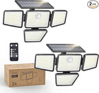Philips Solar Security Light Outdoor, 196 LED Wall-Mounted Flood Light w/PIR Motion Sensor, 3 Modes, 4 Adjustable Heads Solar-Powered Floodlights with Remote Control, IP65 Waterproof 2PK