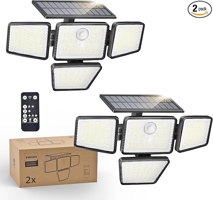 Philips Solar Security Light Outdoor, 196 LED Wall-Mounted Flood Light w/PIR Motion Sensor, 3 Modes, 4 Adjustable Heads Solar-Powered Floodlights with Remote Control, IP65 Waterproof 2PK