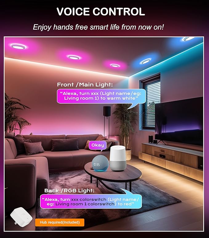CLOUDY BAY [6 Pack] 4 Inch Smart LED Recessed Ceiling Light with RGB Back Light,Hub Included,10W 2700K-6500K,2W Color Changing Ultra-Thin Recessed Lighting, Baffle Trim Wafer Downlight, Hub Included
