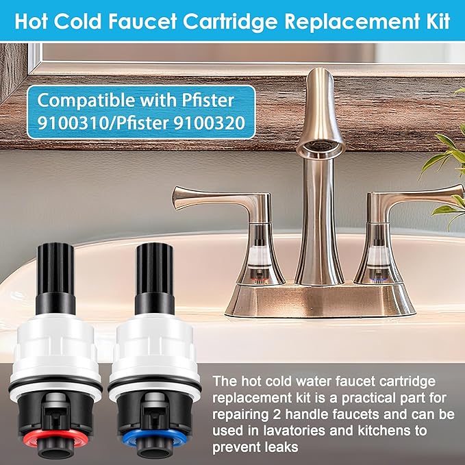 Dreyoo 2 Pack Hot Cold Faucet Cartridge Replacement Compatible with Pfister 9100310/Pfister 9100320, with Waterproof Silicone Grease, Hot Cold Water Handle Faucet Ceramic Cartridge Kit