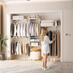 Cyclysio 96 Inch Closet Organizers and Storage, 8 FT Hanging Closet Organizer with 4 Adjustable Rods, Wardrobe Organizers with 3 Shelving Towers for 4-8FT Spaces(Cut-to-Fit), White