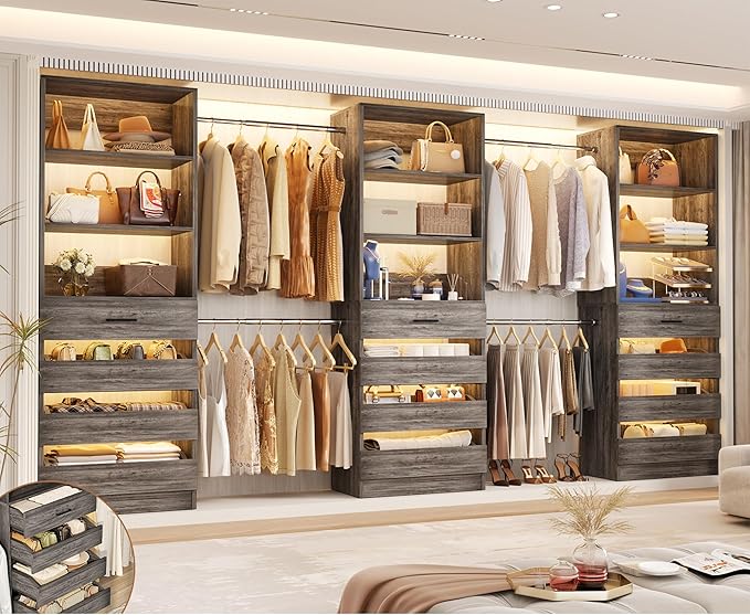 Aheaplus Closet System with 12 Drawers, 8.5-11.5Ft Wood Closet Organizer System with 4 Hang Rods & 3 Towers, 4Ft & 6Ft L-Shaped Walk-in Closets Wardrobe Organizer Clothes Rack, Set of 3, Black Oak1