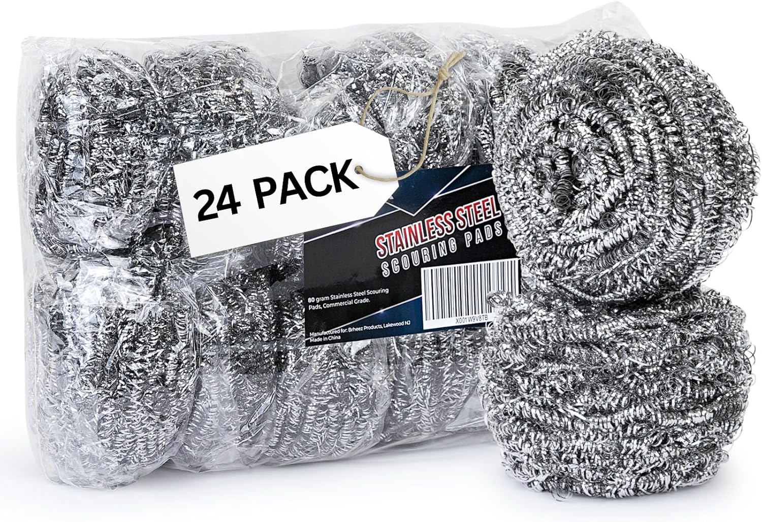 Brheez Stainless Steel Cleaner Scouring Pads [24 Pack] - Industrial & Commercial Strength Large Cleaning Supplies Dish Sponge - Individually Wrapped 30 Gram