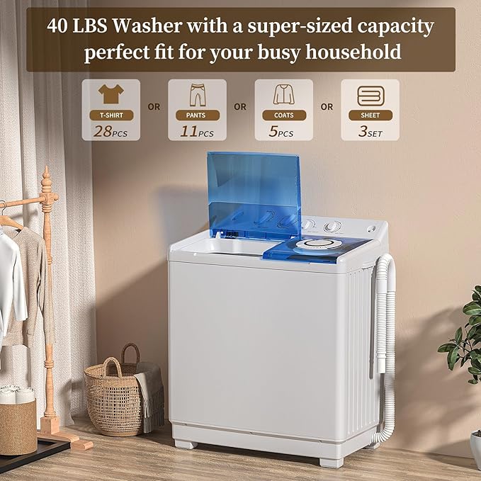 VCJ Portable Washing Machine, Twin Tub Washing Machine Laundry Compact Washer spinner Combo with 40lbs capacity, 24Lbs Washer and 16Lbs Spinner dryer for Apartments RVs and Dorms