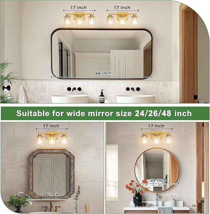 DORESshop 17 Inch Bathroom Light Fixtures, 3-Light Brushed Gold Bathroom Lighting Fixtures Over Mirror with Clear Glass Shade, Vanity Lights for Living Room Bedroom