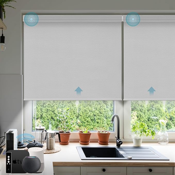 SmartWings Motorized Smart Blinds with Remote, Automatic Blackout Roller Shade Work with Alexa Homekit Thread Google Z-Wave, Electric Blind for Window, Custom Width Up to 110" W,Vinyl Light Grey