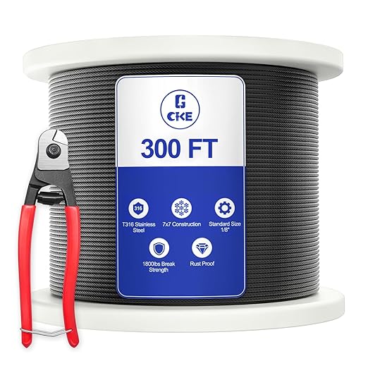 CKE 300FT 1/8" Black Stainless Steel Cable for Railing, T316 Stainless Steel Marine Grade Wire Rope for Deck Cable Railing Kit,1850lbs Breaking Strength 7x7 Strand Aircraft Cable DIY Balustrade, BCW6