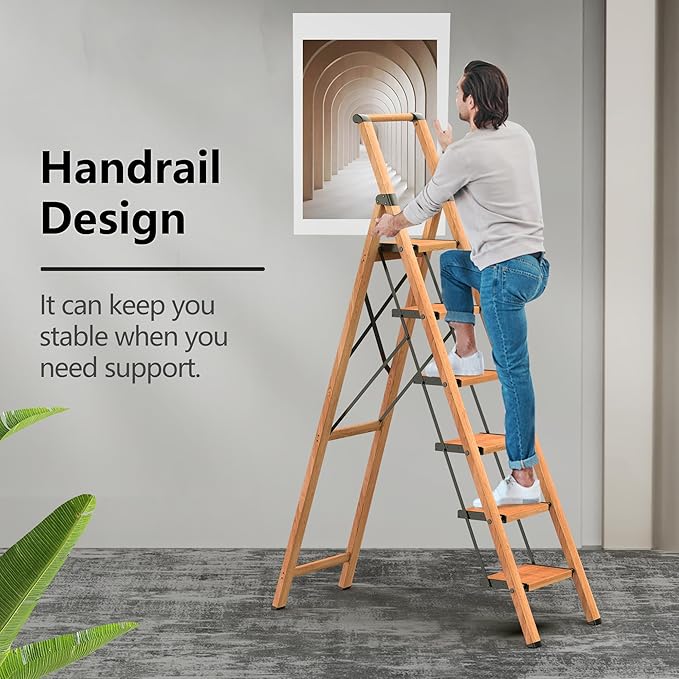 GameGem 6 Step Ladder for 12ft High Ceiling, Lightweight Aluminum Folding Step Stool with Convenient Handgrip, Stepladders with Anti-Slip and Wide Pedal for Home and Kitchen Use - Woodgrain (300 lbs)