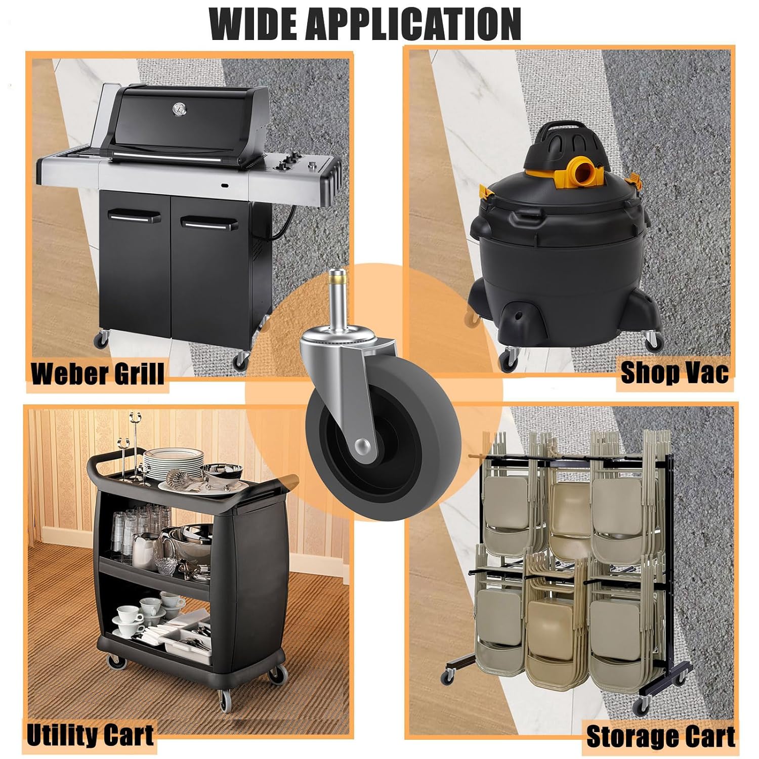 4-Inch Swivel Stem Caster for Rubbermaid Mop Bucket Utility Cart, 7/16-Inch Stem Diameter Rubber Wheel Set of 4, Heavy Duty TPR Weber Grills Shop Vac Replacement Wheels