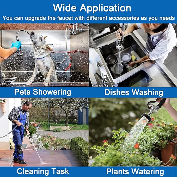 Commercial Wall Mount Kitchen Sink Faucet with Sprayer - 21" Height 8 inch Center, Add-on 8" Swing Spout Pre-Rinse Sprayer for 1 or 2 Compartment Sink